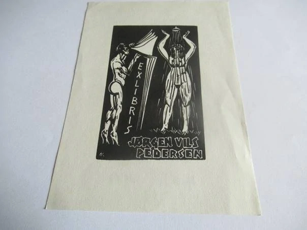 Exlibris – Jørgen Vils Pedersen – Sprcha a muž s knihou (Akty) – původní linoryt (X3), 14,5×10,5 cm
