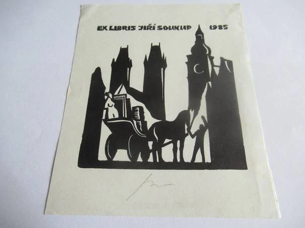 Exlibris – Jiří Soukup – German Ratner – Pražský motiv s kočárem a Karlovým mostem – původní linoryt (X3), 13×11 cm