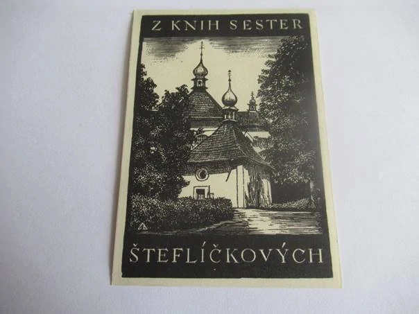 Exlibris – Z knih sester Šteflíčkových – Ladislav Pokorný – Sakrální architektura s dřevěným kostelíkem – původní dřevoryt (X2), 11,5×8 cm