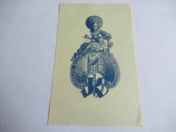 Exlibris – Hans Konzett – Hedwig zum Tobel – Švadlena (Přadlena) nad chrámem s iniciálami HK – původní dřevoryt (X2), 13,5×8,5 cm