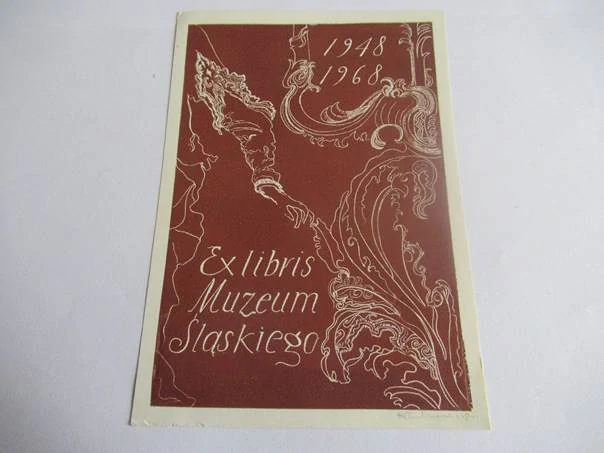 Exlibris – Muzeum Śląskie – Maria Pawlikowska – Výroční secesní florální kompozice – původní linoryt / dřevoryt, 12×8,5 cm