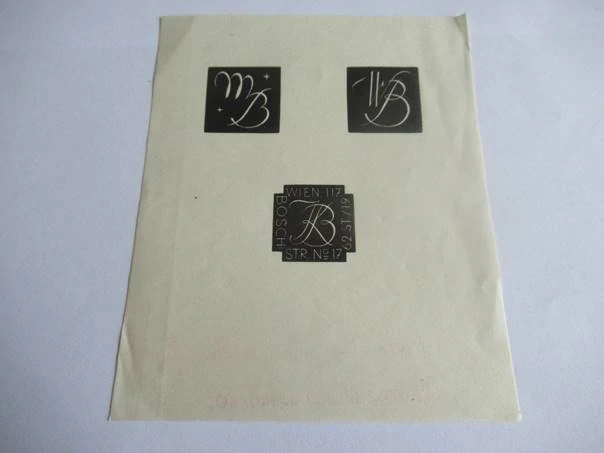 Exlibris / Monogramy – M. B. / W. B. / Bosch – Hubert Woyty-Wimmer – Soubor tří kaligrafických značek – původní dřevoryty (X2), 13×10,5 cm