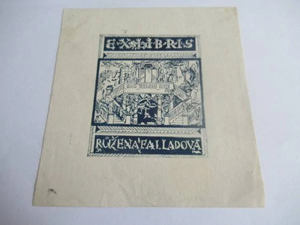 Exlibris – Růžena Falladová – Alois Moravec – Zámecké schodiště s postavami – původní dřevoryt (X2), 11×10 cm
