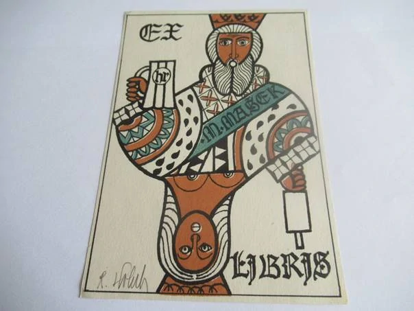 Exlibris – M. Mašek – Rostislav Holub – Hrací karta (Král s korbelem a obrácená žena) – barevný linoryt, 15×10,5 cm