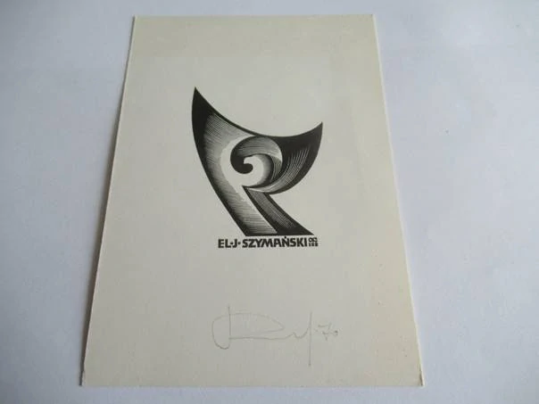 Exlibris – J. Szymański – Anatolij Ivanovič Kalašnikov – Konstruktivistická typografická kompozice – původní dřevoryt (X2), 14,5×10,5 cm