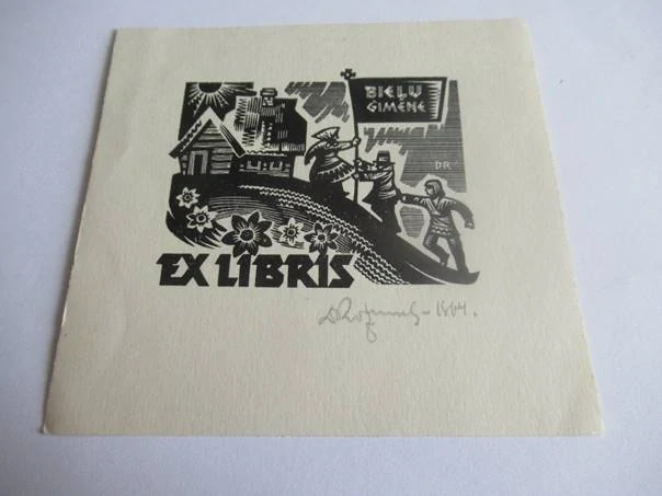Exlibris – Bieļu ģimene – Dainis Rožkalns – Riga, 1964 – původní dřevoryt (X2) – 11×10,5 cm