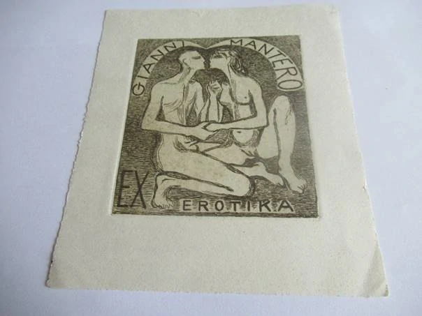 Exlibris – Gianni Mantero – Willy Nielsen Muggi – Švédsko, cca 1960 – původní lept / rytina (C3) – 14,5×12,5 cm