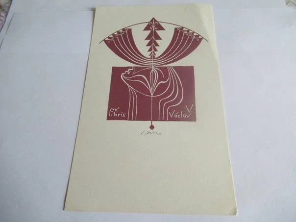 Exlibris – Václav V. – Ladislav Rusek – Československo – původní linoryt (X3) v barvě – 20×12 cm