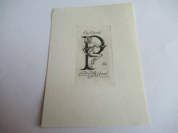 Exlibris – P. Pfister – E. Schmidt – Německo / Rakousko – původní lept / rytina (C3) – 9×6,5 cm