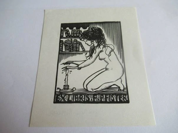 Exlibris – P. Pfister – Jocelyn Mercier – Francie – původní dřevoryt (X2) – 10,5×9 cm