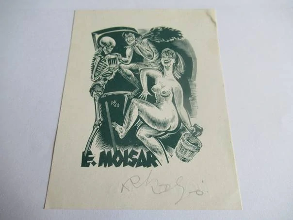 Exlibris – E. Moisar – Richard Kaljo – Estonsko, 1968 – původní barevný dřevoryt (X2) – 11×8,5 cm