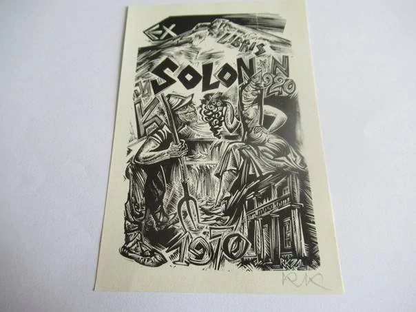 Exlibris – Solon – Richard Kaljo – Estonsko, 1970 – původní dřevoryt (X2) – 11×7,5 cm