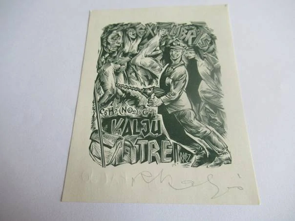 Exlibris – Kalju Matrei – Richard Kaljo – Estonsko, 1967 – původní barevný dřevoryt (X2) – 10×8 cm