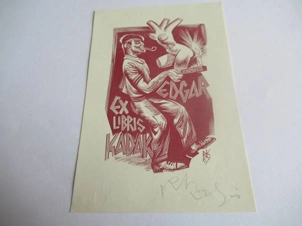Exlibris – Edgar Kadak – Richard Kaljo – Estonsko, 1967 – původní barevný dřevoryt (X2) – 10,5×7 cm