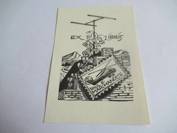 Exlibris – Paul E. Marchandise – Hans Hauke – Rakousko, 1959 – původní dřevořez (X1) – 10,5×7,5 cm