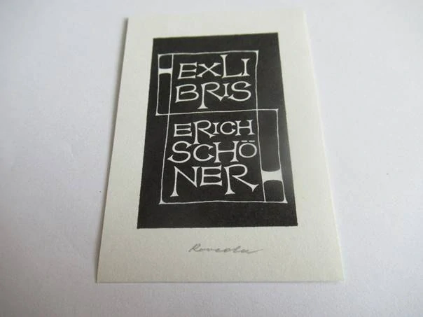 Exlibris – Erich Schöner – Roland Roveda – Graz (Rakousko), 1970 – původní linoryt (X3) – 7×5 cm