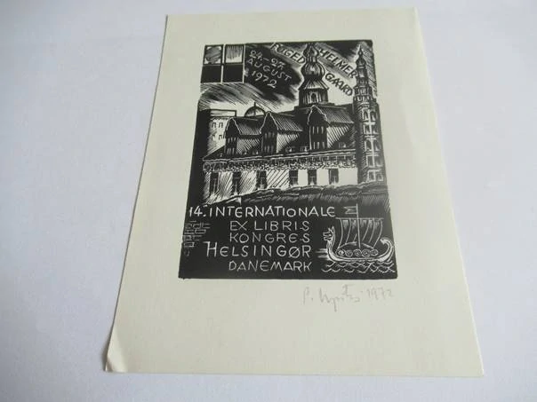 Exlibris – 14. Internationale Ex Libris Kongres Helsingør – Pēteris Upītis – Lotyšsko / Dánsko, 1972 – původní dřevoryt (X2) – 13,5×10 cm