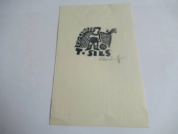 Exlibris – T. Sils – Rudolf Heimrat – Lotyšsko – původní linoryt (X3) – 12,5×7,5 cm