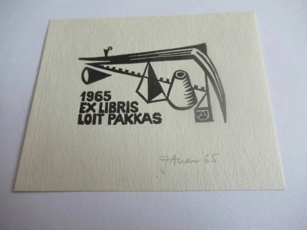 Exlibris – Loit Pakkas – Jüri Arrak – Estonsko, 1965 – původní autorský linoryt (X3) – 8×6,5 cm