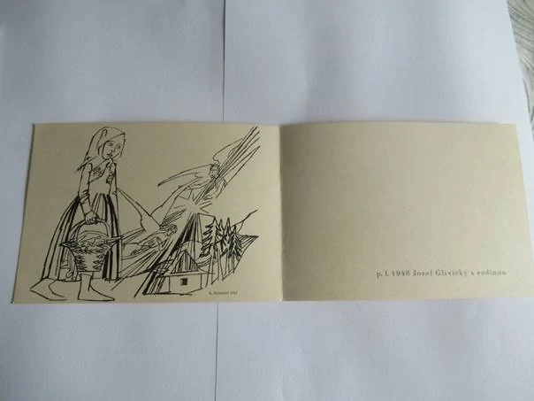 Původní sběratelská novoročenka p. f. 1946 Josef Glivický s rodinou – autor Antonín Strnadel (15 × 11 cm)