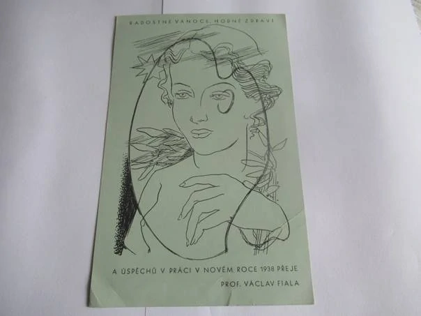 Původní sběratelská novoročenka p. f. 1938 Prof. Václav Fiala – autorská grafika (21 × 13 cm)
