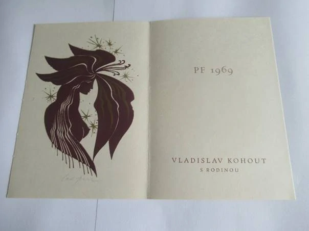 Původní sběratelská novoročenka PF 1969 Vladislav Kohout s rodinou – autor Ladislav Rusek, linoryt X3/2 (15,5 × 11 cm)