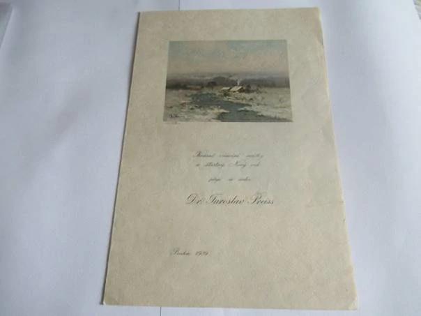 Původní sběratelská novoročenka p. f. 1929 Dr. Jaroslav Preiss – luxusní dvojlist s reprodukcemi děl Antonína Chittussiho a Jaroslava Čermáka (22,5 × 15 cm)
