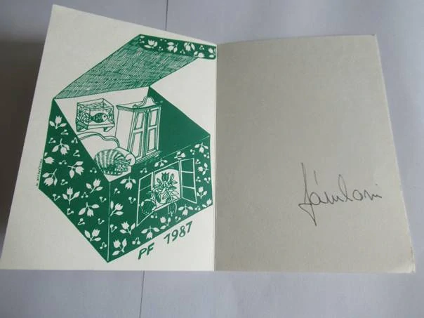 Původní sběratelská novoročenka PF 1987 s podpisem – autorka Milada Prokopková (14,5 × 10,5 cm)
