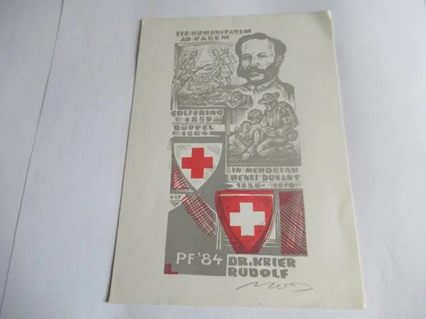 Původní sběratelská novoročenka PF '84 Dr. Krier Rudolf – autor László L. Nagy, kombinovaná technika X2/X3 (15 × 10,5 cm)