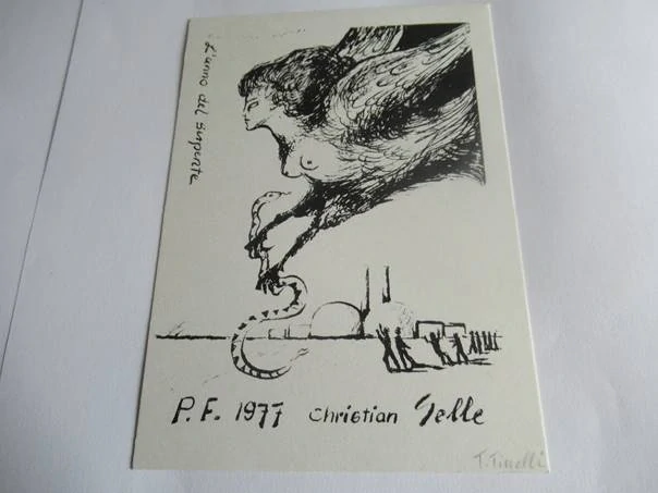 Původní sběratelská novoročenka P.F. 1977 Christian Gelle – autorka Teresa Tinelli, motiv L'anno del serpente (14,5 × 10 cm)
