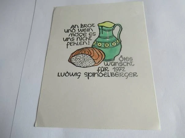 Původní sběratelská novoročenka PF 1972 Ludwig Spindelberger – autorka Roswitha Schöner, ručně kolorovaný linoryt (15,5 × 12 cm)