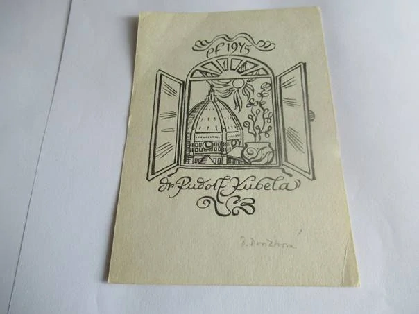 Původní sběratelská novoročenka PF 1975 Dr. Rudolf Kubela – motiv italské Florencie, autorská signovaná grafika (15 × 10 cm)