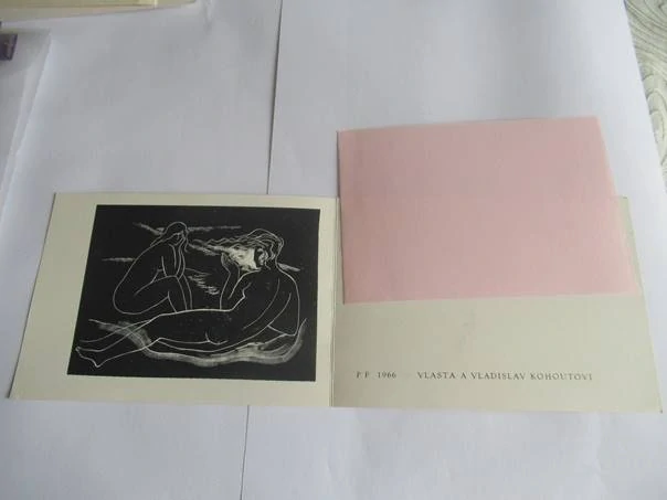 Původní sběratelská novoročenka PF 1966 Vlasta a Vladislav Kohoutovi – autor Rastislav Michal, dřevoryt X2 (15 × 10,5 cm)