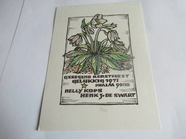 Původní sběratelská novoročenka Gelukkig 1971 Nelly Kops & Henk J. de Swart – autor Prof. Otto Feil, ručně kolorovaný linoryt (14 × 10 cm)