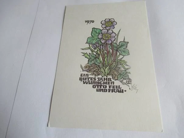 Původní sběratelská novoročenka Ein gutes Jahr wünschen Otto Feil und Frau 1970 – autor Prof. Otto Feil, ručně kolorovaný linoryt (15 × 10,5 cm)