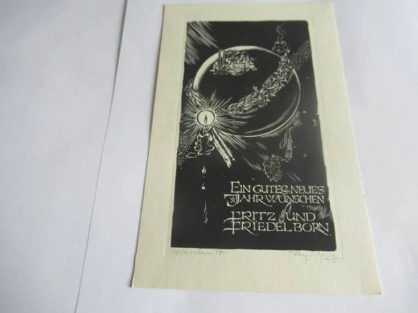 Původní sběratelská novoročenka Ein gutes neues Jahr wünschen Fritz und Friedel Born – dřevoryt X2 (19 × 12 cm)