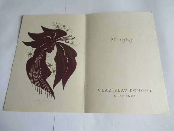 Původní sběratelská novoročenka PF 1969 Vladislav Kohout s rodinou – autor Ladislav Rusek (Šaman), dvoubarevný linoryt X3/2 (15,5 × 10,5 cm)