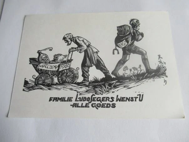 Původní sběratelská novoročenka Familie Ludo Segers 1967 – autor Hans Hauke, dřevoryt X2 (15,5 × 10,5 cm)