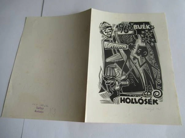 Původní sběratelská novoročenka 1966 B.Ú.É.K. Hollósék – autorka Silvi Väljal, Tallinn, linoryt X3 (14,5 × 10 cm)