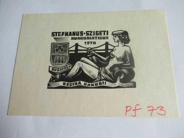 Původní sběratelská novoročenka Stephanus Szigeti Numismaticus 1970 – motiv Královna Dunaje, dřevoryt X2 (15 × 10,5 cm)