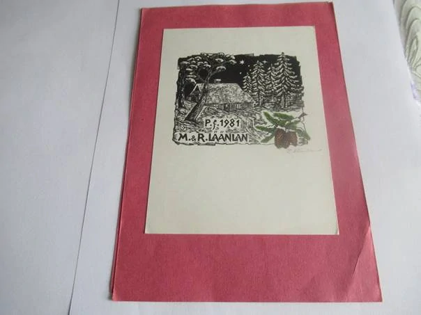 Původní sběratelská novoročenka P.f. 1981 M. & R. Laanlan – autorský signovaný linoryt na červené podložce