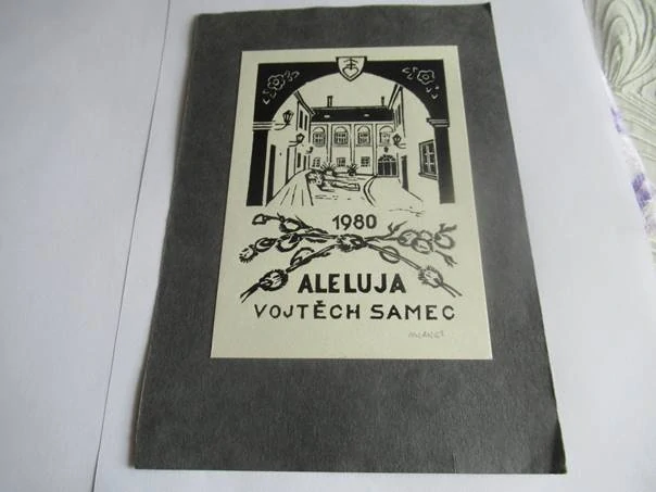 Původní sběratelská velikonoční novoročenka 1980 Vojtěch Samec – autorská signovaná grafika, linoryt X3