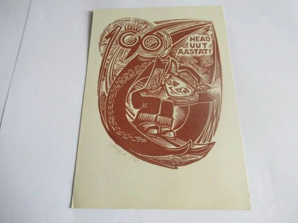 Původní sběratelská novoročenka Head uut aastat! – autorka Silvi Väljal, Tallinn, barevný linoryt X3 (14 × 10 cm)