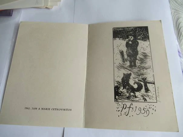 Původní sběratelská novoročenka PF 1959 – autorské dílo Bohdana Laciny, signováno, dřevoryt/zinkografie (20,5 × 14,5 cm)