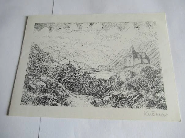 Sběratelská PF 1982 – autor: Kučera – motiv horská krajina s kaplí, Pyreneje (18,5 × 13 cm)