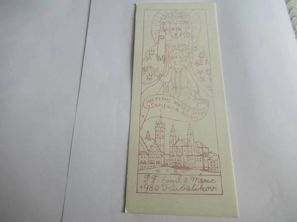 Sběratelská PF 1980 – motiv Panna Maria Klatovská a veduta Klatov (20,5 × 8 cm)