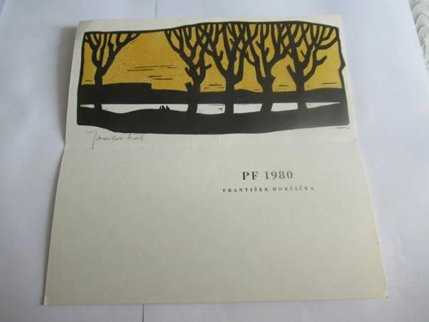 Sběratelská PF 1980 – autor: Jaroslav Šváb – motiv siluety stromů při západu slunce (20,5 × 10 cm)