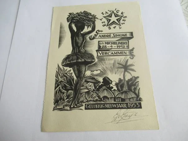 Sběratelská PF 1953 – motiv domorodá žena s košem ovoce v tropické krajině (15 × 11 cm)