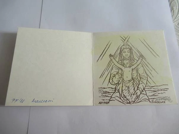 Sběratelská PF 1988 – autor: Lumír Šindelář – motiv Madona s Ježíškem, barevný dřevoryt X2 (10,5 × 10,5 cm)