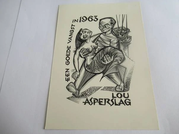 Sběratelská PF 1963 – autor: Gerard Gaudaen – motiv akt ženy s námořníkem a lodičkami, dřevoryt X2 (15 × 10 cm)